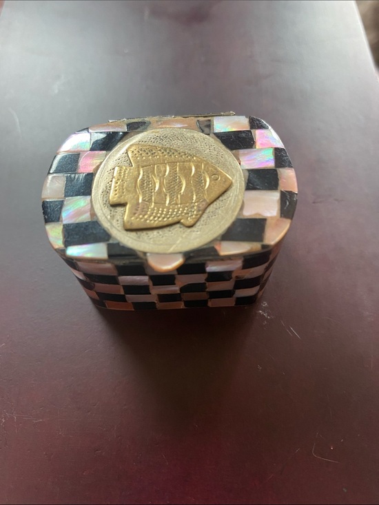 Mother of Pearl Jewelry - Checkerboard Mother-of-Pearl Trinket Box with Brass Fish Accent